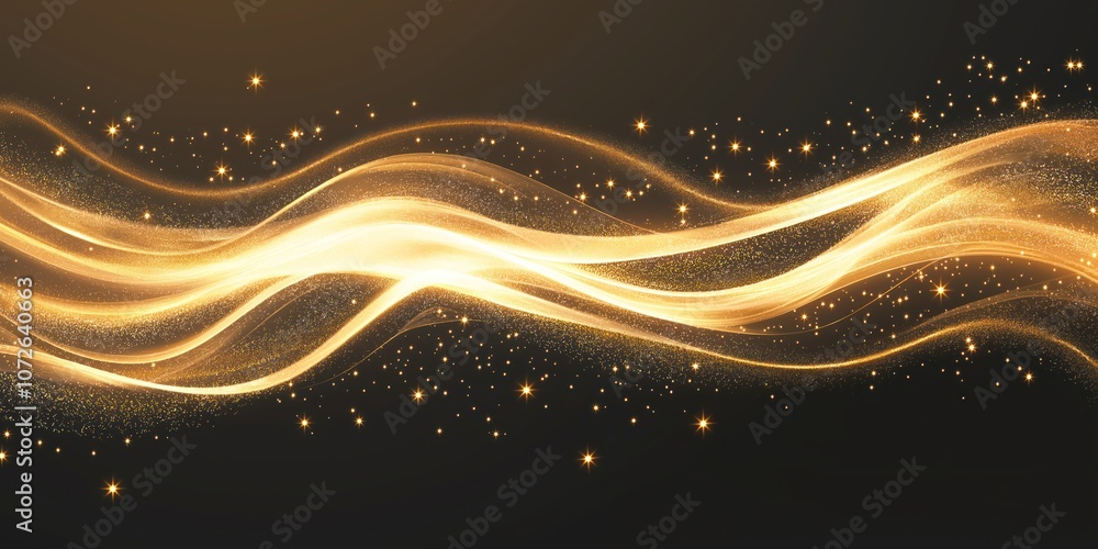 Poster golden waves, shining particles, glitter dust, sparkling particles, abstract background. shiny lines