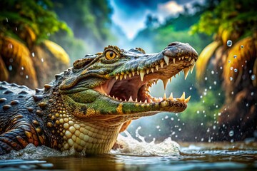 Obraz premium A Fierce Reptile Emerges from the Water, Revealing Its Sharp Teeth Amidst Cascading Droplets in a Vibrant Wild Landscape of Nature and Adventure