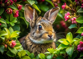 Fototapeta premium A Frazzled Rabbit Hiding Among Lush Green Bushes, Capturing the Essence of Nature's Wildlife in a Peaceful Setting, Perfect for Nature Lovers and Wildlife Enthusiasts