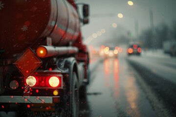 Fototapeta premium Close up of a red tanker truck braving a snowy highway