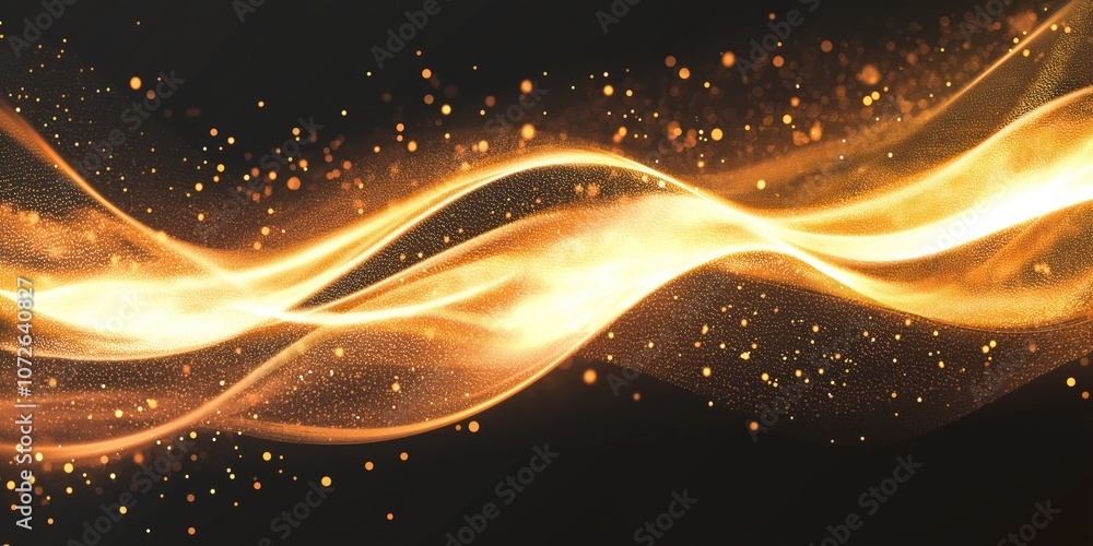 Poster glowing golden wave line, with particles, bokeh lights, on black background. abstract design with go