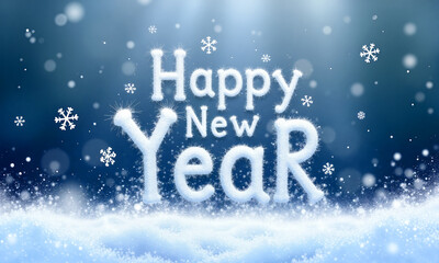 A cheerful Happy New Year message is crafted with soft snowflakes against a serene blue winter background, creating a festive atmosphere - Generative AI