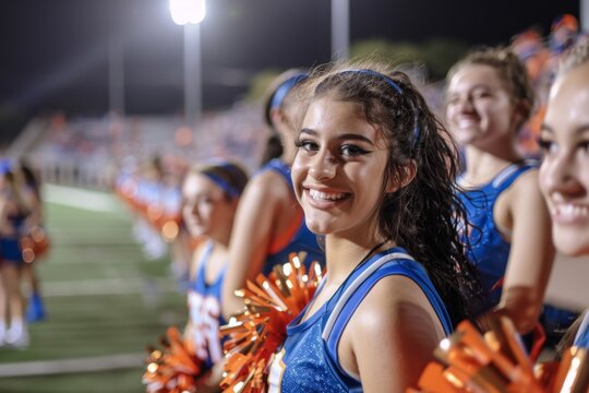 High school cheerleader team smiling on a football field during game