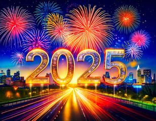 New year 2025. Colorful cityscape with big numbers. Greeting card design