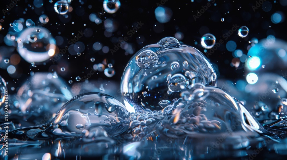 Poster macro shot of water bubbles floating with soft light reflections