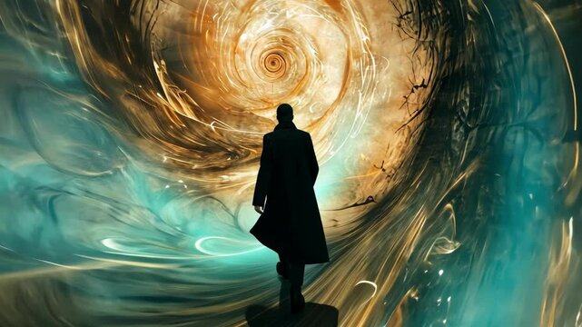 Enigmatic figure approaching swirling portal, abstract concept of time and dimensions