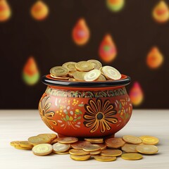 Clay pot with gold coins, overflowing with wealth, on table. Indian tradition, Hindu festival. Offer for jewellery, auspicious celebration, happy promotion.