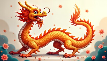 Obraz premium Golden Chinese dragon isolated on white background. Dragon red mane, tail. Animal stands on rock, surrounded by pink flowers. Illustration for New Year celebration in China. Festive of luck,