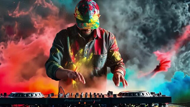 Vibrant DJ in paint-splattered outfit performing at a club with neon green and red splashes around