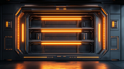 Obraz premium Futuristic Sci-Fi Doorway with Illuminated Panels Futuristic metal doorway with glowing orange lights and sleek industrial design, perfect for sci-fi environments