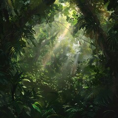 A dense forest vegetation with shrubs and tall trees. Sunlight filters through the gaps in the leaves, casting soft rays that illuminate the moist, fertile ground beneath.