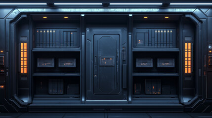 High-tech storage room with metal walls, neon lights, and organized compartments, evoking a sci-fi atmosphere