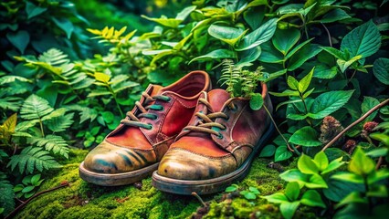 A Pair of Worn-Out Shoes Surrounded by Lush Green Foliage, Symbolizing Nature, Adventure, and the Journey of Life Amidst Vibrant Plant Life in a Serene Environment