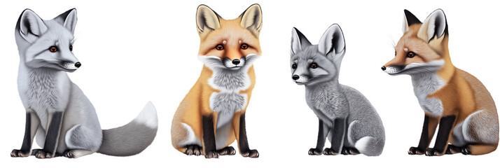 Four different types of foxes sit in a row looking towards the right side of the frame. Arctic fox, grey fox, silver fox, fennec fox. Animals, fur, wildlife, nature. Transparent isolated background.