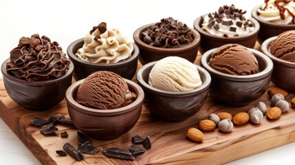 A creamy chocolate ice cream topped with a variety of crunchy nuts, creating a perfect blend of rich flavor and texture. The combination offers a delightful, indulgent treat for nut lovers.