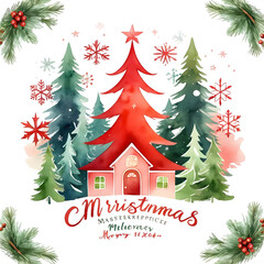 Fototapeta premium Hand-drawn Merry Christmas Trees with Snowflakes, Festive Holiday Design