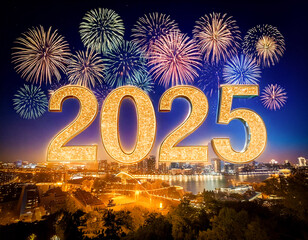 Whole city celebrating the New Year 2025 with fantastic multi-colored fireworks