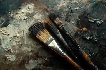 Close-Up of Three Paintbrushes on a Textured Oil Paint Palette in Neutral and Dark Tones
