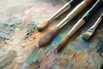 Close-Up of Four Paintbrushes on a Vibrant Oil Paint Palette with Soft Pastel and Earth Tones