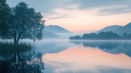 Obraz premium Misty Lake with Tree Silhouette