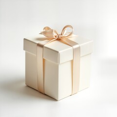 Obraz premium White gift box with golden ribbon bow. Elegant present for holiday or celebration. Square package on white background. Perfect for gift wrapping design.