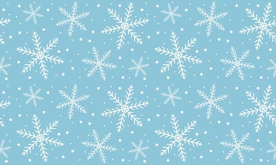Repeating raster pattern with white falling snowflakes on a blue background