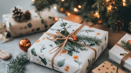 Christmas gifts with greenery and berries, decorated with twine and pine sprigs