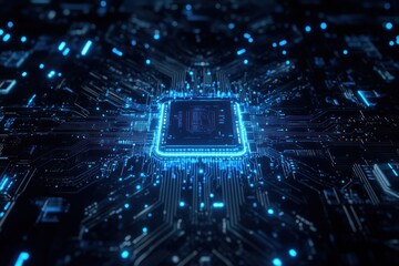 A close-up of a CPU chip with blue data streams flowing through it, representing high-speed data processing. The glowing lines highlight the power and efficiency of modern technology.