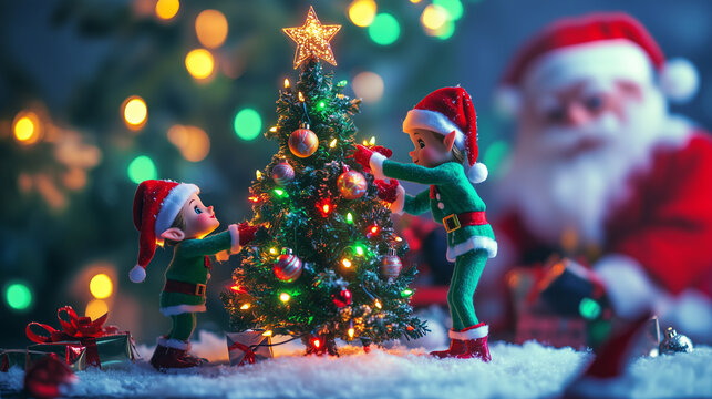 Dwa Elfy ubierają choinkę, w tle Mikołaj
