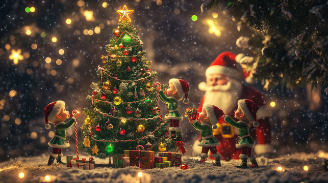 Elfy ubierają choinkę, w tle Mikołaj