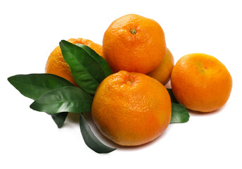 Tangerines with green leaves isolated on white, side view