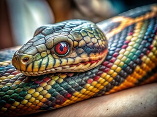 Fototapeta premium Artistic Tilt-Shift Photography of Intricate Snake Tattoo Drawings on Skin, Showcasing the Beauty and Detail of Tattoo Art in a Unique Miniature Perspective