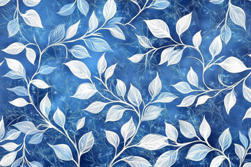 Elegant pattern featuring white leafy branches over a textured blue background. Ideal for wallpaper, fabric, or digital design projects.