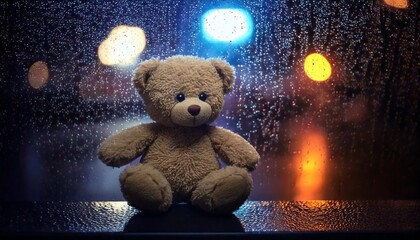 Lonely teddy bear at a bus stop on a rainy night