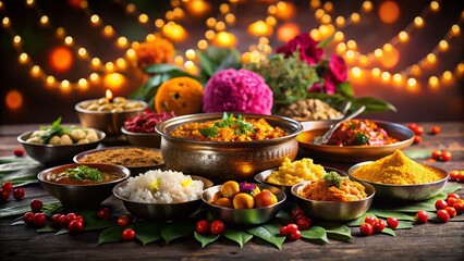 Fototapeta premium Assorted Indian Dishes on Dark Background with Floral Accents for Diwali and Ugadi Celebrations, Featuring Colorful Bowls and Plates for Puja Ceremony