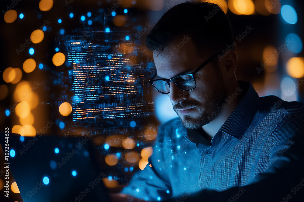 Aufkleber a man focused on his laptop, immersed in coding while illuminated by glowing digital graphics and ev