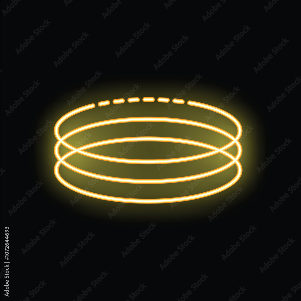 Poster glowing neon yellow sign forming concentric circles and creating a tunnel effect on a black backgrou