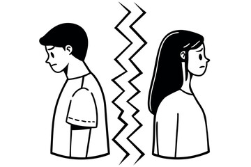 Couple going through a hard breakup. Relationship concept. Line art vector illustration