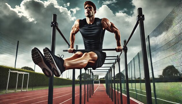 Athlete Performing Strength Exercise on Parallel Bars Outdoors