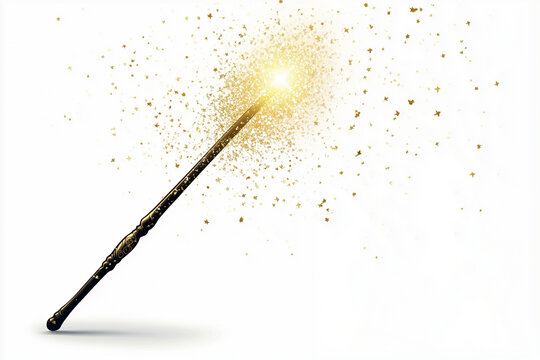 Realistic Magic wand with golden glowing shiny trail on white background. Fantasy wizard spell stick with glow wave trace. Fairytale magician rod with twinkle streak.