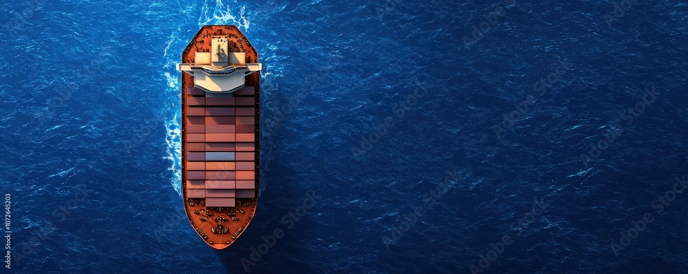 Poster a vivid overhead view of a large cargo ship navigating through deep blue waters, showcasing its cont