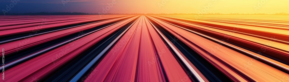 Poster a vibrant landscape featuring parallel lines of colorful surfaces leading into a bright horizon, cre