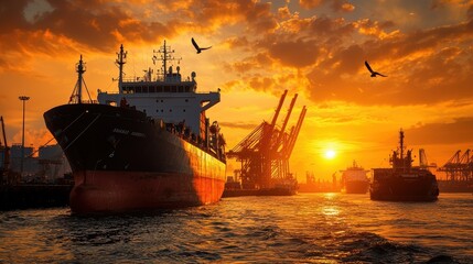 Fototapeta premium A vibrant sunset casts golden hues over ships and cranes in a bustling harbor, creating a scenic maritime atmosphere.