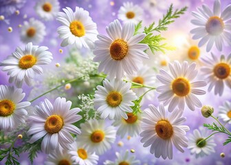 Fototapeta premium A Stunning Long Exposure Image of a Vibrant Floral Pattern with White Daisies and Delicate Green Leaves Against a Soft Lavender Background for Nature and Decor Enthusiasts