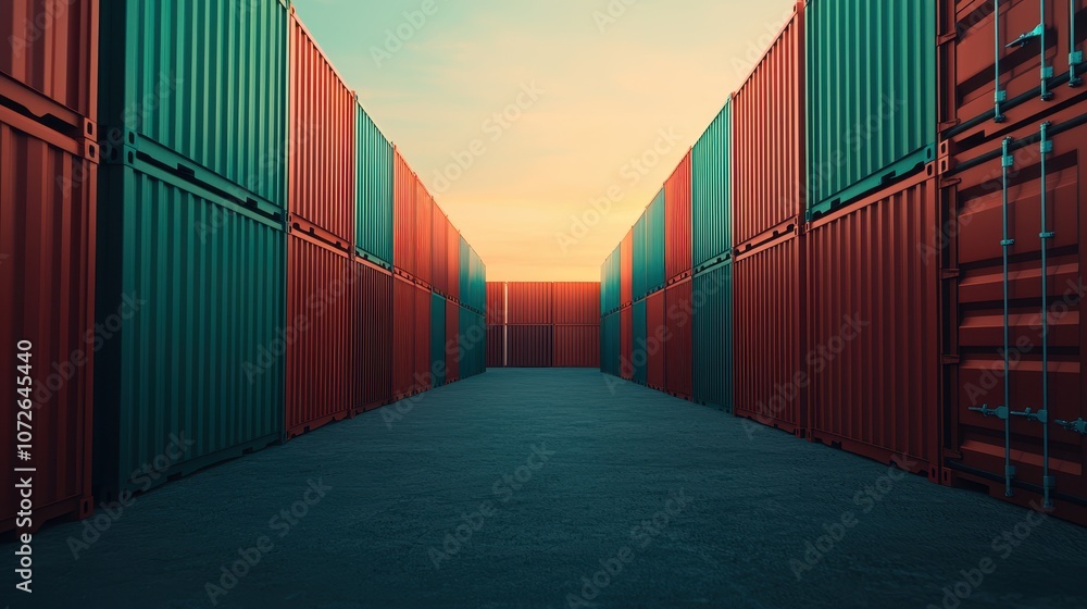 Poster a narrow path between colorful shipping containers leading towards a soft sunset, creating a strikin
