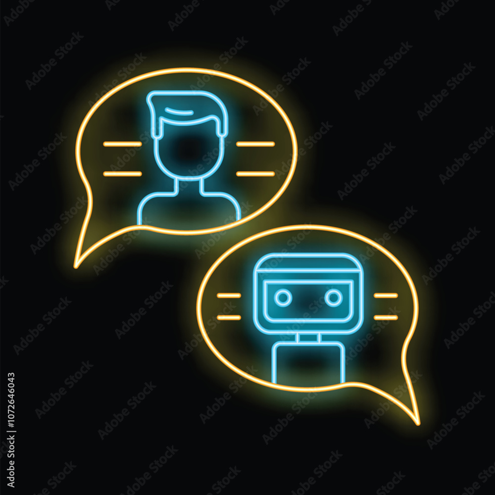 Poster neon icons of a man and a robot chatting inside speech bubbles, symbolizing communication between hu
