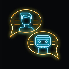 Neon icons of a man and a robot chatting inside speech bubbles, symbolizing communication between humans and artificial intelligence