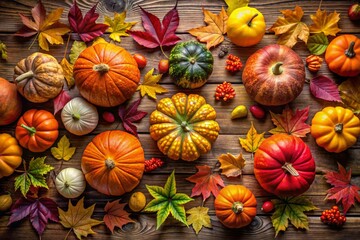 Fototapeta premium Autumn's Vibrant Tapestry: Pumpkins and Colorful Leaves on Rustic Wooden Backdrop Capturing the Essence of Fall in a Panoramic View