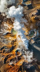 Aerial View of Sulfur Geysers and Hot Water Sources: Capturing the Surreal Steam and Vibrant Mineral Deposits