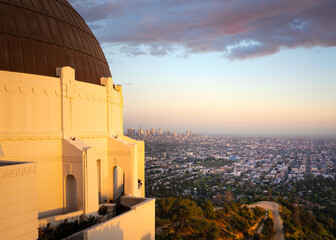 View of Downton Los Angeles, California from Griffith Observatory at dusk. 